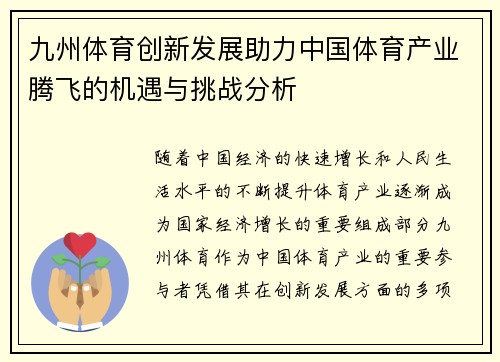 九州体育创新发展助力中国体育产业腾飞的机遇与挑战分析